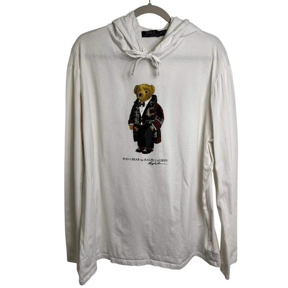 POLO BEAR Ralph Lauren Hooded Long Sleeve WHITE TShirt Mens XXL Toggle Bear EUC